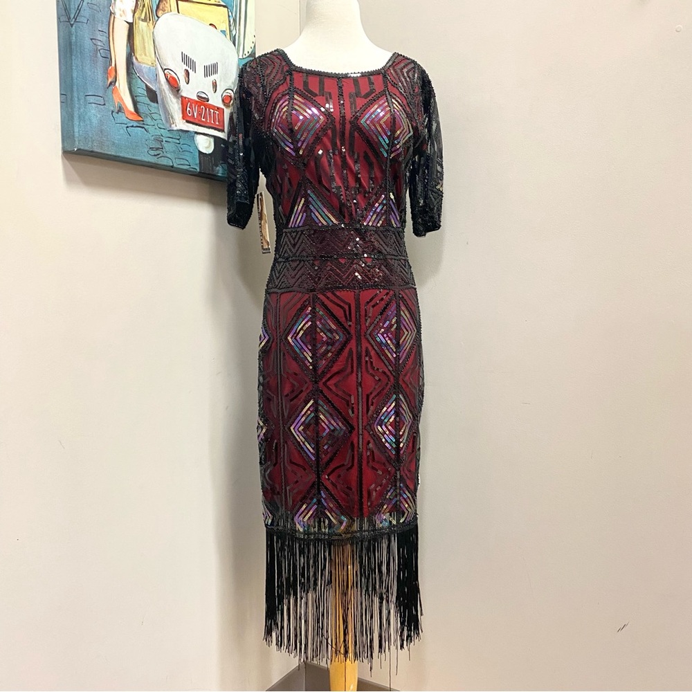 Burgundy Short Sleeve 1920s Flapper Dress Fringe Great Gatsby